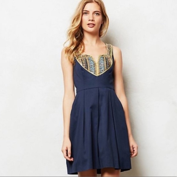 Anthropologie Dresses & Skirts - ANTHROPOLOGIE Moulinette Soeurs Navy Gold Trim Beading Dress